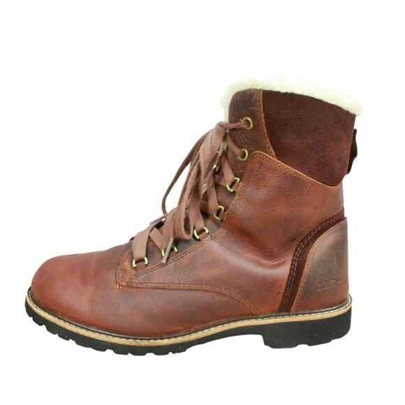 LL Bean Red Leather Fleece Lined Rugged Cozy Ankle Winter Boots Size 9.5 M - Picture 1 of 9